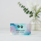 かわいいドッグシッター水彩青紫スプラッシュ 名刺 (スタンド正面)