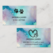 かわいいドッグシッター水彩青紫スプラッシュ 名刺 (正面/裏面)