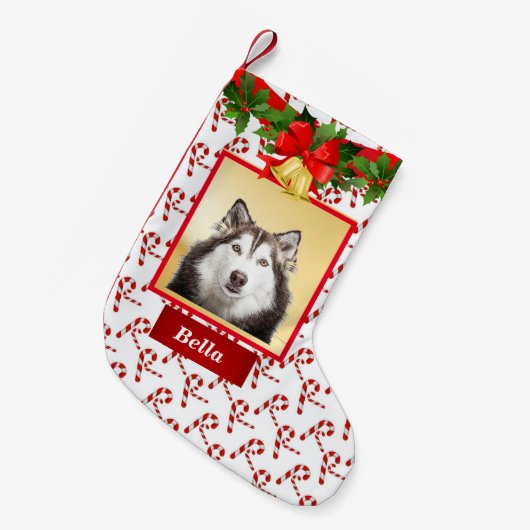 かわいいドッグフォトクリスマスストッキング名前をカスタムする スモールクリスマスストッキング (正面 (吊り時))