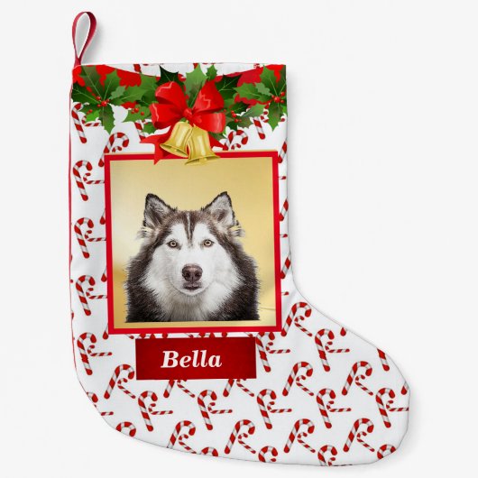 かわいいドッグフォトクリスマスストッキング名前をカスタムする スモールクリスマスストッキング (正面)