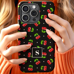 かわいいドットチェリー ブラック モノグラム iPhone 15ケース