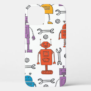 かわいいドドルのロボット。シームレスなパターン。漫画の文字 iPhone 12ケース