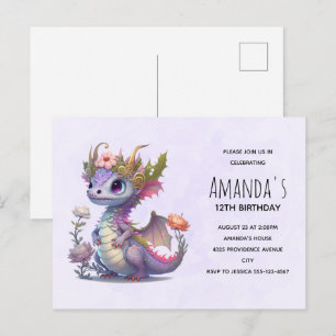 かわいいドラゴンと優雅な王冠の誕生日招待状 ポストカード