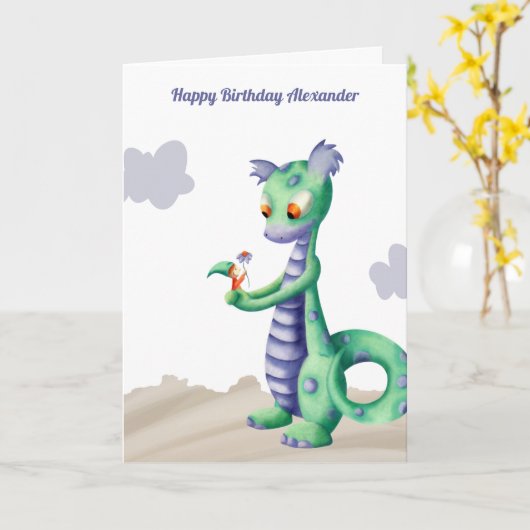 かわいいドラゴンと格言パーソナライズされた誕生日カード カード (黄色い花)