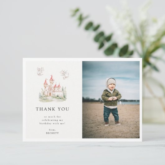 かわいいドラゴンキャッスルテーマバースデーパーティー写真 サンキューカード (スタンド正面)