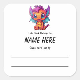 かわいいドラゴンチルドレンの蔵書票とメッセージ スクエアシール