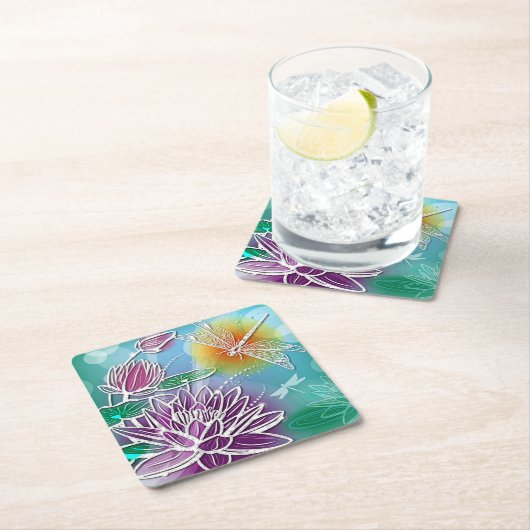 かわいいドラゴンフライかわいらしサマーカラーモダンフローラ スクエアペーパーコースター (インサイチュ)