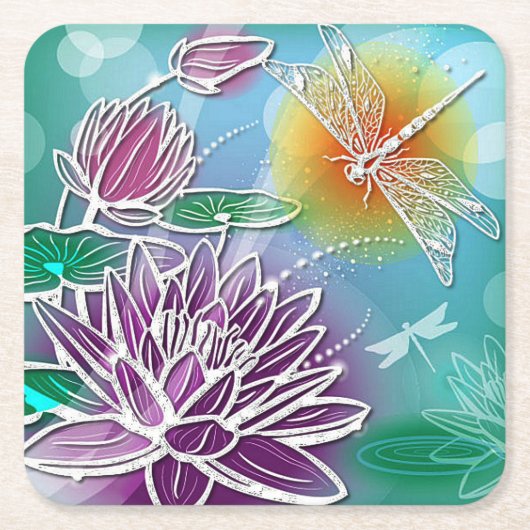 かわいいドラゴンフライかわいらしサマーカラーモダンフローラ スクエアペーパーコースター (正面)