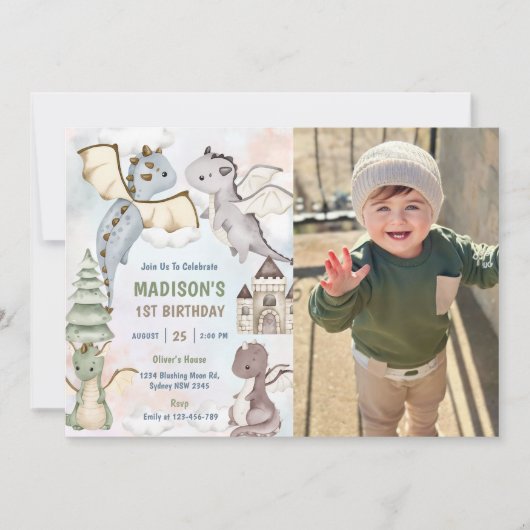 かわいいドラゴンボーイ1st誕生日パーティー写真 招待状 (正面)