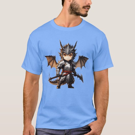 かわいいドラゴン戦士の全身鎧姿の正面ポーズ 楽しいデザイン Tシャツ (正面)