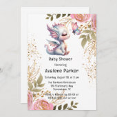 かわいいドラゴン&バタフライガールベビーシャワー 招待状 (正面/裏面)