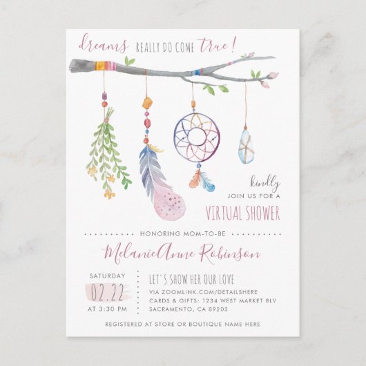 かわいいドリームキャッチャー部族の羽のバーチャルシャワー インビテーションポストカード (正面)