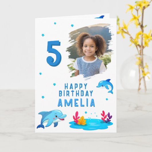 かわいいドルフィンシーアニマルズ写真誕生日 カード (黄色い花)