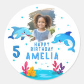 かわいいドルフィンシーアニマルズ写真誕生日 ラウンドシール (正面)