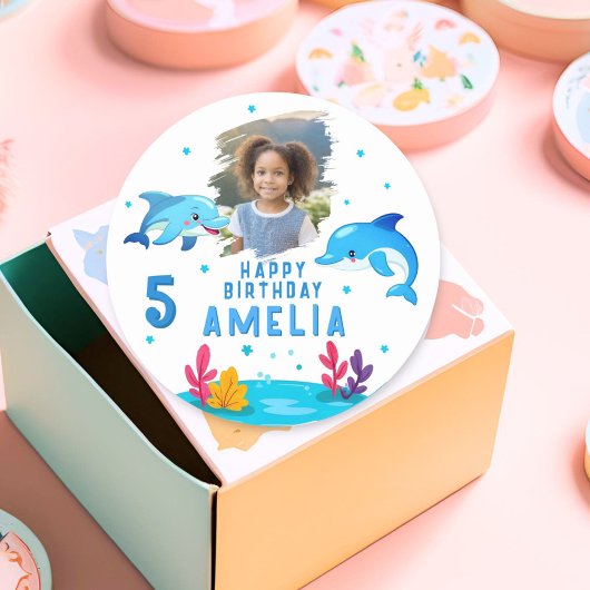 かわいいドルフィンシーアニマルズ写真誕生日 ラウンドシール