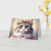 かわいいドレスと王冠の猫の誕生日 カード (黄色い花)