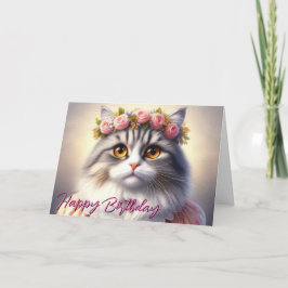 かわいいドレスと王冠の猫の誕生日 カード