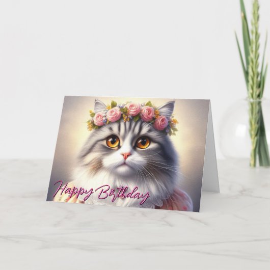 かわいいドレスと王冠の猫の誕生日 カード (正面)