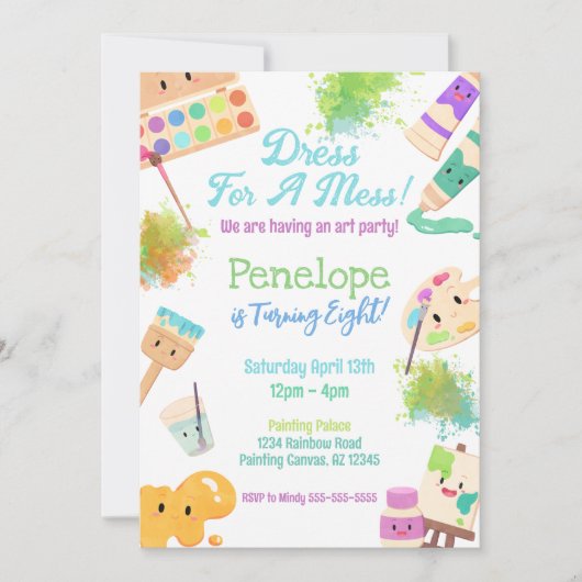 かわいいドレスのためのメスアートパーティー誕生日 招待状 (正面)