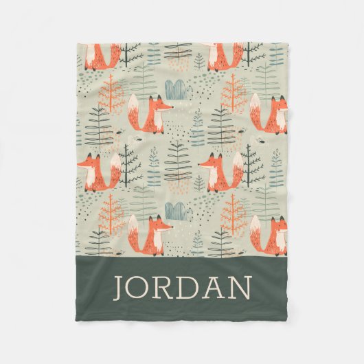 かわいいドードルキツネフォレストウッドランドパターン フリースブランケット (正面)