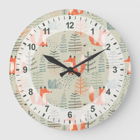 かわいいドードルキツネフォレストウッドランドパターン ラージ壁時計 (正面)