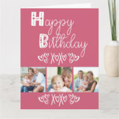 かわいいドードルタイポグラフィピンク3枚フォト誕生日 カード (正面)