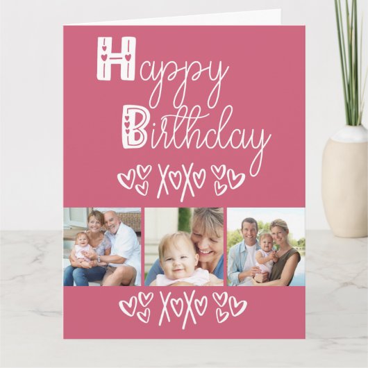 かわいいドードルタイポグラフィピンク3枚フォト誕生日 カード (正面)