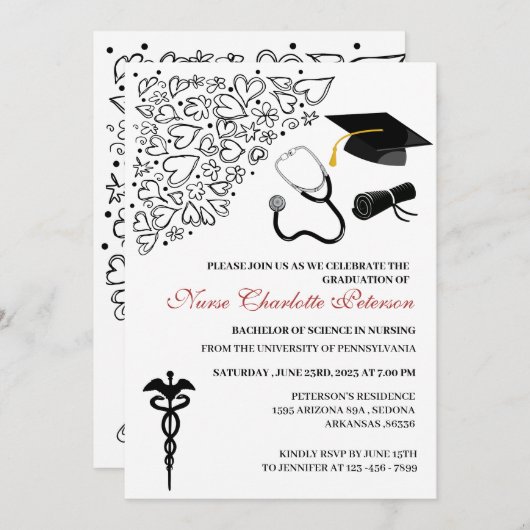 かわいいドードルナース卒業パーティー 招待状 (正面/裏面)