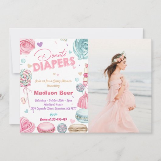 かわいいドーナツおむつ赤ちゃんシャワー写真 招待状 (正面)