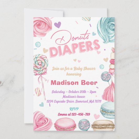 かわいいドーナツおむつ赤ちゃんシャワー 招待状 (正面)