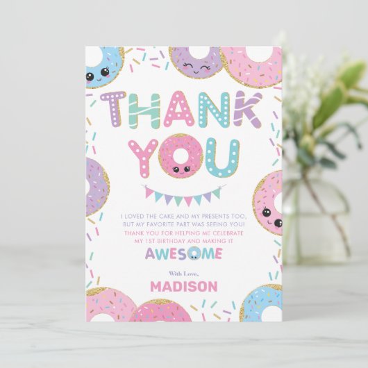 かわいいドーナツが誕生日パーティー サンキューカード (スタンド正面)