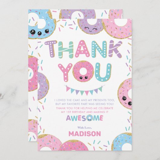 かわいいドーナツが誕生日パーティー サンキューカード (正面/裏面)