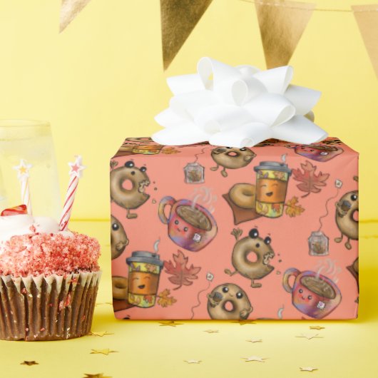 かわいいドーナツとお茶 ラッピングペーパー (誕生日パーティー)