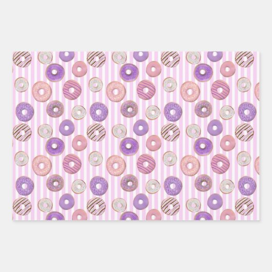 かわいいドーナツの子供のパステルの誕生日のセットストライプ。 ラッピングペーパーシート (正面3)