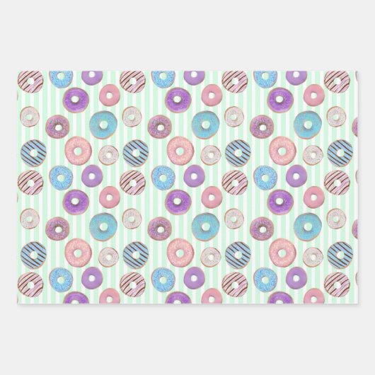 かわいいドーナツの子供のパステルの誕生日のセットストライプ。 ラッピングペーパーシート (正面)
