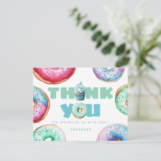 かわいいドーナツの男の子 カスタムメッセージ 子供の誕生日 写真 サンキューカード (スタンド正面)