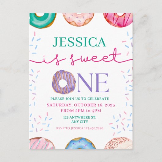 かわいいドーナツの誕生日パーティー 1歳の誕生日 ポストカード (正面)