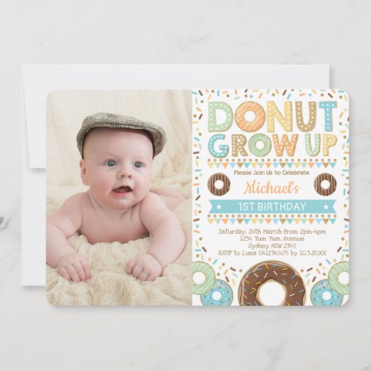かわいいドーナツの1歳の誕生日ドーナツが男の子にまく 招待状 (正面)