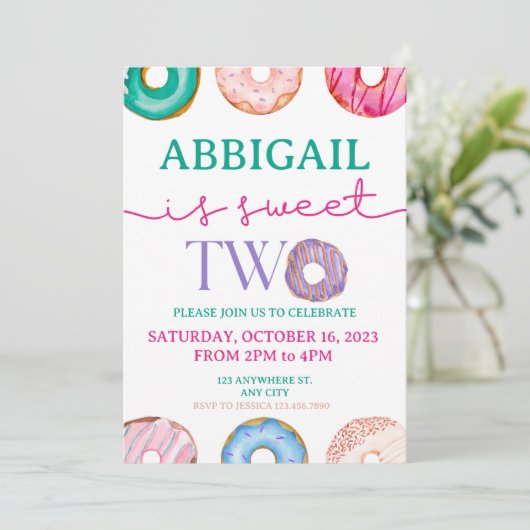 かわいいドーナツパーティースウィート2歳の誕生日 招待状 (スタンド正面)