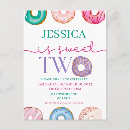 かわいいドーナツパーティー スイートツー 2歳の誕生日 ポストカード (正面)