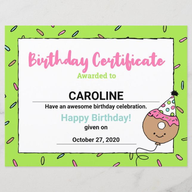 かわいいドーナツ クールなドーナツ デザイン 誕生日認定証 (正面)