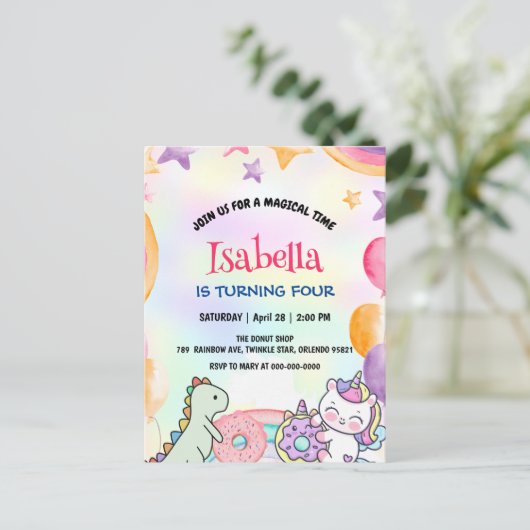 かわいいドーナツ 恐竜 ユニコーン 誕生日 レインボー パーティー ポストカード (スタンド正面)