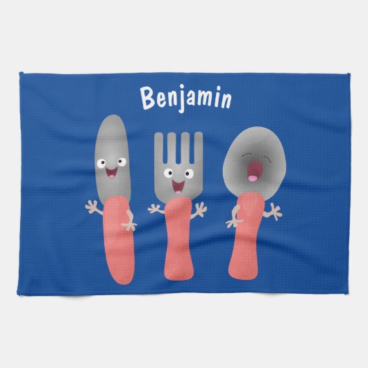 かわいいナイフのフォークとスプーン刃物の漫画 キッチンタオル (横)