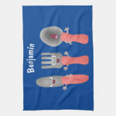 かわいいナイフのフォークとスプーン刃物の漫画 キッチンタオル (縦)