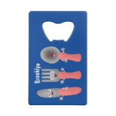 かわいいナイフのフォークとスプーン刃物の漫画 クレジットカード栓抜き (裏面)