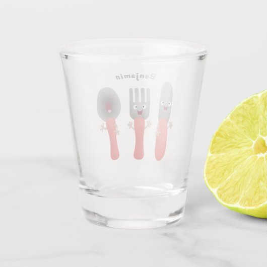 かわいいナイフのフォークとスプーン刃物の漫画 ショットグラス (裏面)