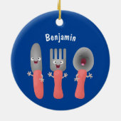 かわいいナイフのフォークとスプーン刃物の漫画 セラミックオーナメント (裏面)
