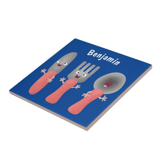 かわいいナイフのフォークとスプーン刃物の漫画 タイル (側面)