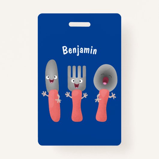 かわいいナイフのフォークとスプーン刃物の漫画 バッジ (裏面)