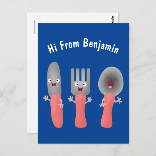 かわいいナイフのフォークとスプーン刃物の漫画 ポストカード (正面/裏面)